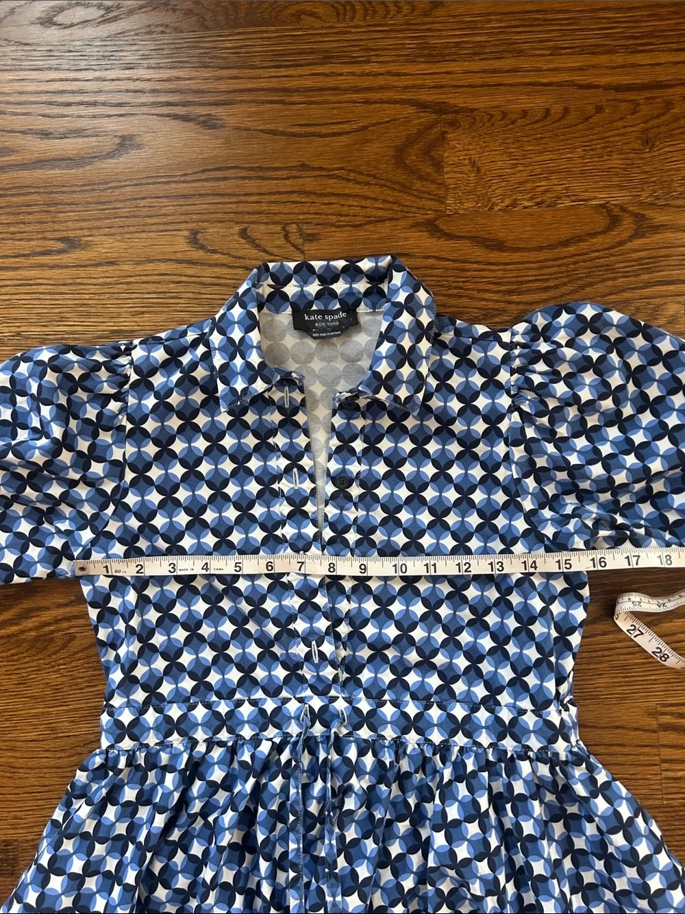 kate spade - patio tile shirtdress mini dress waist cinch puff sleeve size xxs